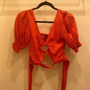 Cropped, orange/red, open back with a tie crop top